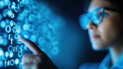 Poster - Businesswoman Pointing at Floating Data Charts in a Dark Environment with Glowing Digital Elements
