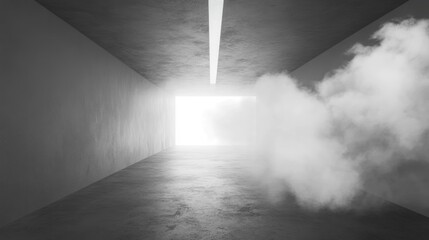 Poster - Monochrome image of a concrete tunnel with light at the end and smoke.