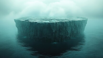 Poster - Mysterious, dark, and foggy islet in calm sea.
