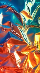 Poster - Intricate folds and crinkles of metallic material create a dynamic interplay of blue, orange, and gold hues, showcasing artistic texture and light. This vibrant arrangement inspires creativity