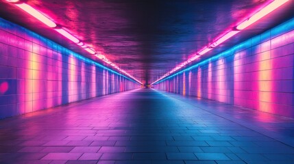 Poster - Neon-lit pedestrian underpass with pink and blue lights.