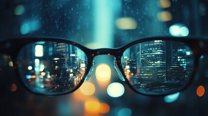 Poster - Night city lights reflected in eyeglasses, showcasing urban scene.