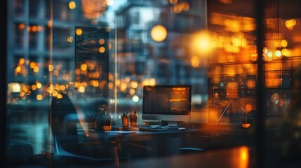 Poster - Night city lights reflected in office window, showing a computer desk inside.