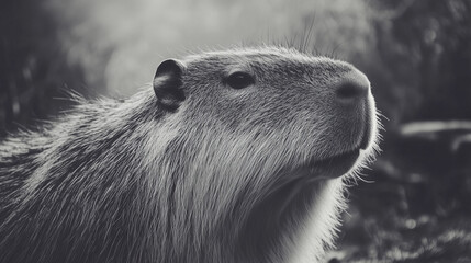 capybara in moody grayscale forest environment