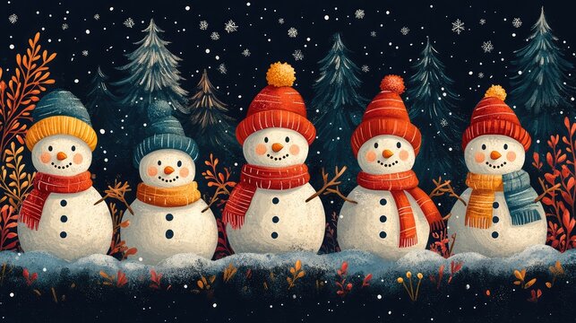 A grid of colorful winter stamps featuring playful snowmen, sledding scenes, and cheerful winter greetings