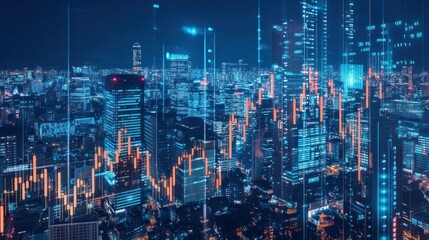 Poster - Night cityscape with superimposed stock market charts.