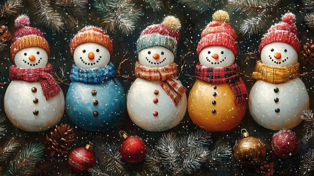 A grid of colorful winter stamps featuring playful snowmen, sledding scenes, and cheerful winter greetings