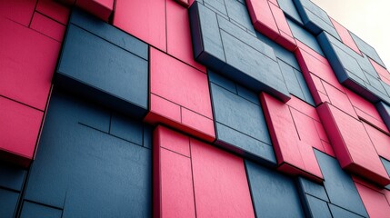 Poster - Abstract Geometric Wall: Pink and Blue Cuboid Design