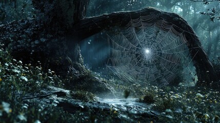 A spider weaves a web in the morning dew, creating a unique pattern.