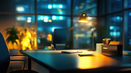Poster - night office desk with computer, lamp, and city view.