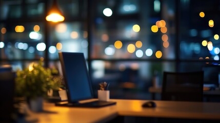 Poster - Night office desk with computer, plant, and city lights bokeh.