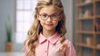 © PRDOM - A cute 9-year-old girl with blonde hair, blue eyes, wearing a pink dress, with text space.