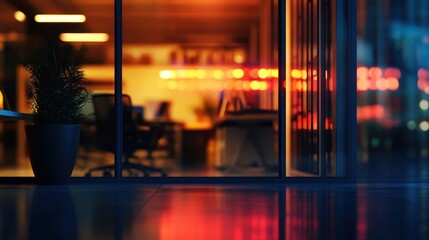 Poster - Night view of a modern office interior seen through a glass window, showing warm lighting and blurred workspace details.