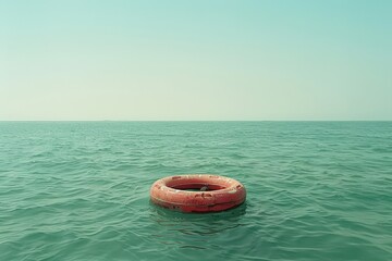 bright red lifebuoy floating in serene turquoise water under clear sky at dusk
