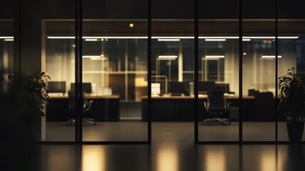 Poster - Night view of an empty modern office interior through glass doors.