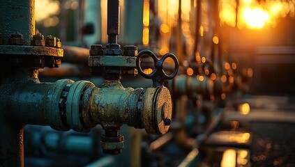 Poster - Sunset Illuminates Industrial Pipes and Valves:  A Close-Up View of Aged Metallic Components at an Oil Refinery, Showing Detailed Texture and Golden Hues.