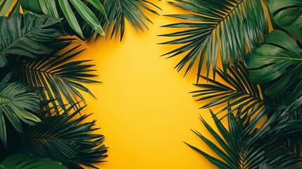 Poster - Tropical leaves burst with life against a bright yellow background, evoking feelings of warmth and tranquility. This vivid composition invites creativity and joy while celebrating nature’s beauty