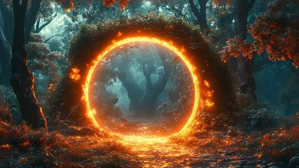 Wall Mural - enchanted forest portal glowing with fiery light
