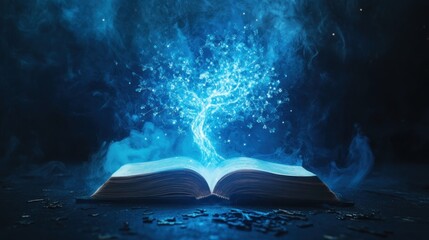 Aufkleber - Open book with glowing blue magical tree emerging from its pages, set against a dark smoky background.