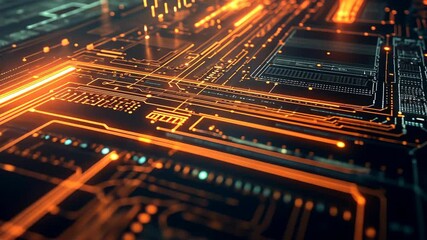 Poster - Vibrant circuit board design with glowing orange lines and intricate patterns on a dark background