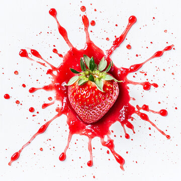 Single strawberry in red jam splash on white background, showcasing freshness and juiciness, representing summer, sweetness and vibrant food photography