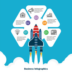 Fototapete - 6 steps startup circle infographics with rocket launch