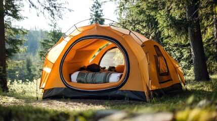 Poster - Orange tent pitched in a forest clearing, showing bedding inside.