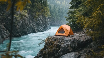 Poster - Orange tent pitched on rocky outcrop overlooking rushing river in lush green forest.