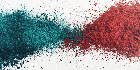 Poster - Teal and red powder pigments scattered on white background, creating vibrant contrast and texture, ideal for design projects or artistic representation