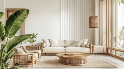 Poster - Bright and airy living space features a comfortable sofa and armchairs, complemented by warm wooden accents and lush greenery, creating a peaceful atmosphere