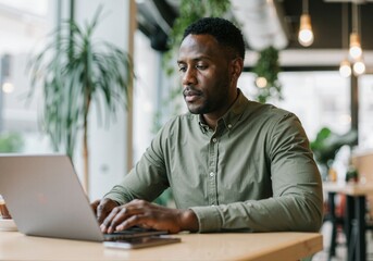 Poster - Young black entrepreneur working on laptop in a trendy cafe, focused on his tasks in a bright and modern workspace