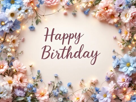Happy Birthday Message With Handwritten Typography On A Beige Background, Adorned With Delicate Flowers And Warm Fairy Lights For A Cozy, Aesthetic Vibe