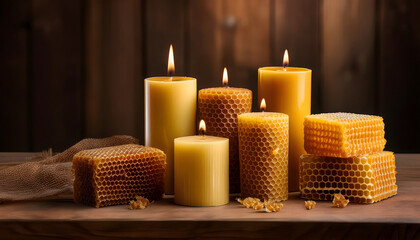 Poster - A collection of beautifully crafted honey candles, varying in shapes and sizes, displayed on a rustic wooden surface against a dark background