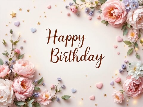 Happy Birthday Message With Handwritten Typography On A Beige Background, Adorned With Delicate Flowers And Warm Fairy Lights For A Cozy, Aesthetic Vibe