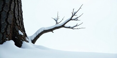 Wall Mural - A lone branch extends from a tree trunk on a snowy white background, isolated and delicate, frozen, snow