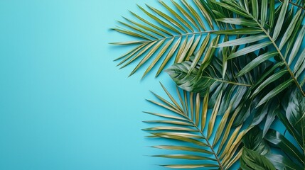 Aufkleber - A stunning arrangement of rich green palm fronds gracefully spread out against a tropical turquoise background, evoking a serene atmosphere. Nature's splendor is on full display, inviting relaxation