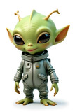 Cute alien character in a silver spacesuit with oversized eyes and friendly smile for copy space
