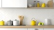 © amorn_m - Modern Minimalist Kitchen Interior Featuring White Cabinets and Yellow Decorative Elements