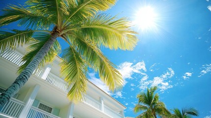 Poster - Golden rays illuminate lush palm fronds as they dance in the gentle breeze. A charming resort stands against the vivid blue sky, evoking relaxation and tranquility