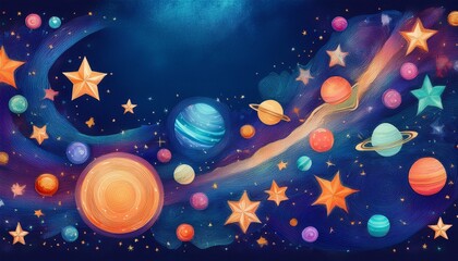 creative and beautiful border frame of bright and colorful stars and planets background, science graphic resource