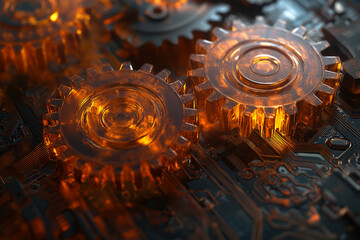 Poster - Close-up of amber gears on circuit board, showcasing intricate details and mechanisms, representing complex systems and precision engineering, ideal for technology or industrial concepts