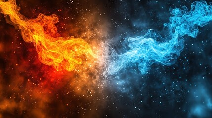 Aufkleber - Abstract fiery wallpaper design with dual elements of red and blue flames blending into swirling smoke, intense color contrast between warm and cool tones. Dynamic background concept for digital art, 