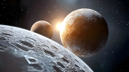 Wall Mural - Two Celestial Bodies Orbiting in Space with a Bright Star and a Detailed Moon Surface