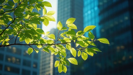 Poster - Sunlight Illuminates Vibrant Green Leaves Against Modern Cityscape Buildings, Showcasing Nature's Beauty in Urban Environments.