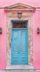 Poster - A delightful pastel pink building features an inviting light blue door, complete with intricate details. Soft shadows dance around the entrance, hinting at stories beyond