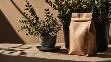 Poster - natural decor arrangement with plant, potted herbs, and kraft paper bag on a minimalist table settin