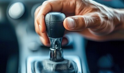 Poster - An eye-level shot showcases a hand firmly placed on a manual gear shift in a car, ready to change gears.