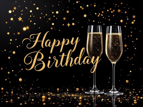 Happy Birthday Greeting With Gold Calligraphy On A Black Marble Background, Decorated With Sparkling Golden Confetti And Elegant Champagne Glasses