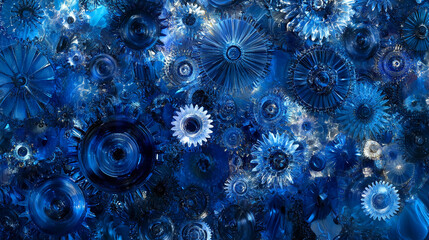 Poster - Intricate array of blue, glass-like floral and circular forms, creating a rich, textured pattern suggestive of depth and complexity, ideal for abstract design