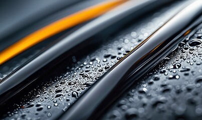 Poster - A close-up shot of a black surface with water drops and an orange stripe, showcasing a modern aesthetic.